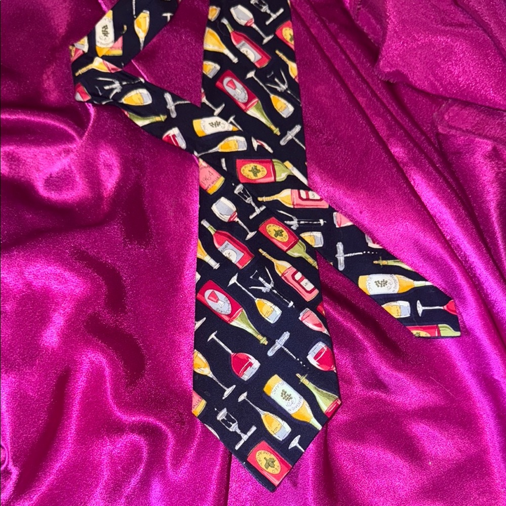 Hand made Stylish Black Wine Bottle Patterned Tie by the cats meow Victoria bc